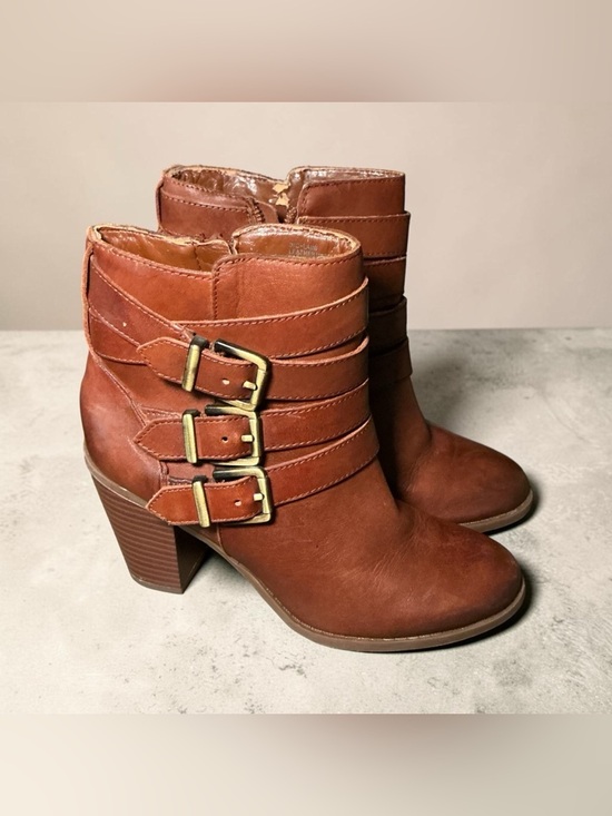INC International Concepts Shoes - Women's Brown Buckle Strap Ankle Boots - Classic Heeled Booties